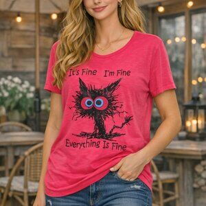 Janina  Bright Pink “It’s Fine” Cat Graphic Tee – Size L